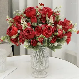 Decorative Flowers Simulation Kimberley Silk Red Roses Bouquets Shopping Mall Decoration Artificial Rose Bouquet Fake Flower Green Plant