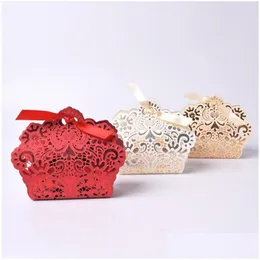 Gift Wrap Love Heart Laser Cut Hollow gynnar gåvor Box Ribbon Baby Shower Candy Bag Party Supplies CT0329 Drop Delivery Home DHP5D