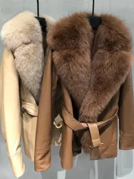 Frauen Pelz Faux OFTBUY Echt Mantel Winter Jacke Frauen Natürlichen Kragen Echtes Schaffell Leder Gürtel Dicke Warme Oberbekleidung 231115