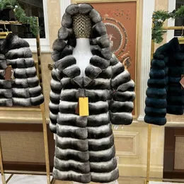 フードジャケット付き女性の毛皮のフェイクリアルコート長い冬の大きなレックスラビットチンチラフード付き女性231114