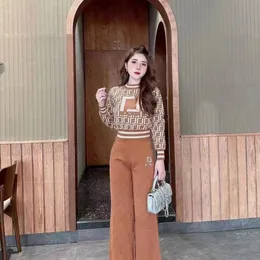 Designer 2023 Casual Knit Women's Two Piece Pants Fashion Crew Hals långärmad stickad bokstav full tryck f tröja + byxor tvådelar