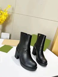 Kurze Stiefel, Gürtelschnalle aus Leder, Damenschuhe aus Metall, klassische dicke Absätze, Leder-Designerschuhe, High Heels, modische Damenstiefel, große Größe 35-42 mit Box