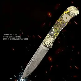 1PC Damascus Eque Eque Wzór Składanie Nóż przetrwania, przenośny nóż kieszonkowy składany ze stali nierdzewnej, wielofunkcyjny nóż EDC na wypadek turystyczny