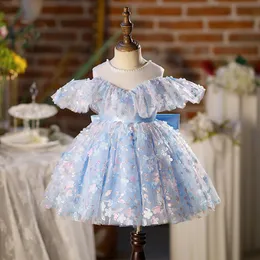 2023 blue Flower Girl Dresses For Wedding flowers pearls necklace Lace Floral Appliques Tiered Skirts Girls Pageant Dress new A Line Kids Birthday Gowns with big bow