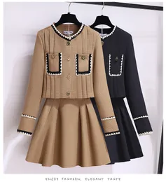 Zweiteiliges Kleid Herbst Winter Tweed Rock Anzug Hochwertige Frauen Einreiher Kurze Jacke Mantel Ballkleid Minirock Weibliches 2-teiliges Set 2023