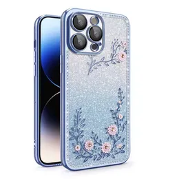 iPhone 14 Plus 용 Gradient Transparent Floral Flash Diamond Phone Case Case Case 14 Plus 13 12 11 Pro Max Luxury Women Rhinestones 커버 충격 방지 방지 드롭