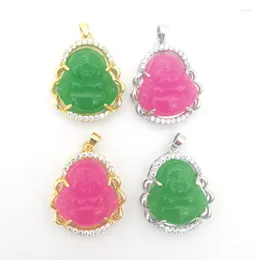 Pendant Necklaces Charm 22X25MM Carved Buddha Magenta Green Jade Stone Inlaid Rhinestone Amulet Buddhist Jewelry 1PCS