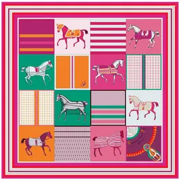 Scarves 90cm Classic Checkered Horse Twill Silk Scarf Square Women Hijab Foulard Neckerchief Bandana