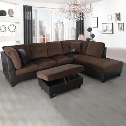 Set di divani da soggiorno in tessuto marrone e PVC, 3 pezzi, B