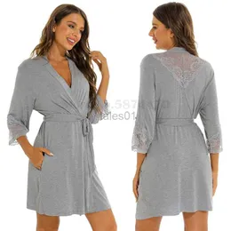 Women's Sleep Lounge Solid Color Knitted Cotton Gown Sleepwear Sexy Lace Cuffs Nightwear Lace-Up Bathrobe Morning Robe Woman Loose Casual Home Wear zln231116