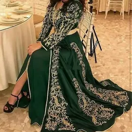 Elegante marroquino kaftan verde escuro vestidos de noite mangas compridas uma linha cetim formal ocasião vestido ouro renda apliques árabe turquia festa vestidos de baile 2024