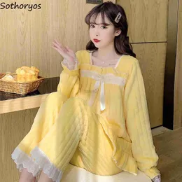 Women's Sleep Lounge Fall Winter Long Sleeve Pajama Sets Women Cozy Fluffy Homewear Outfit Casual Sweet Bow Princess Flannel dents Thermal Heating zln231116