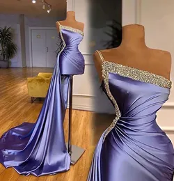 Prom Dresses One-Shoulder Evening Gown Party Formal New Custom Plus Size Zipper Mermaid Satin Beaded Sleeveless Lace Up Knee-Length Sweep Train Sequins Lavender