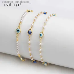 Anklets Lucky Eye Pearl Bead Chain Foot Chain Miedź Regulowana Niebieskie Złe Oko Charka plażowa dla kobiet dziewczyny biżuteria mody BE486L231116