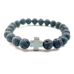 Charm Armband 8mm Natural Black Lava Stone Turquoise Cross Armband Vaolcano Aromaterapi Essential Oil Diffuser för kvinnor DHGARDEN DHKJ4