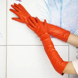 Pięć palców rękawiczki pomarańczowe damskie rękawiczki cieplejsze długa, prawdziwa skórzana rękawiczka owcza skóra nad łokciami