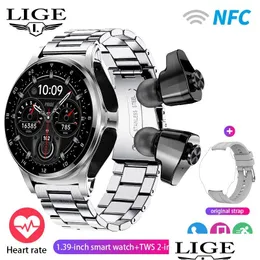 Smart Watches Newst Lige NFC Smartwatch TWS Bluetooth-headset Två-i-ett 1.39HD Display IP67 Vattenproof hjärtfrekvensmonitor Male Sports Dhyhl