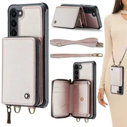 Lanyard Zipper Folio Vogue Phone Case für iPhone 14 13 12 11 Pro Max Samsung Galaxy S23 Ultra S22 S21 Plus RFID-Blockierung Mehrere Kartenfächer Leder Geldbörse Kette Shell