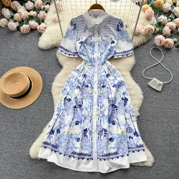 Sıradan Elbiseler 2023 Yaz Çiçek Baskı Gömlek Matı Elbise Kadın Pist Moda Kısa Kollu Tek Kesin Kelime Kelime Vintage Sıradan Tatil Vestidos