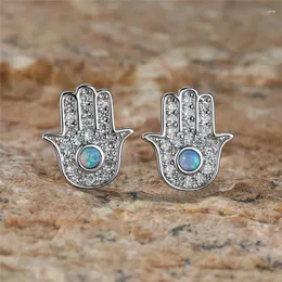 Orecchini a bottone opale blu piccola pietra rotonda zircone bianco palmo della mano oro antico argento colore Boho per regalo da donna