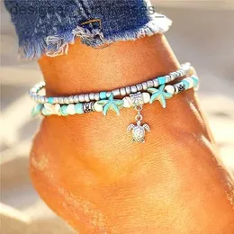 Anklets Delysia King Women Tren Starfish Turtle Yoga Anklet Summer San Beach Two Layer String beads Foot ChainL231116