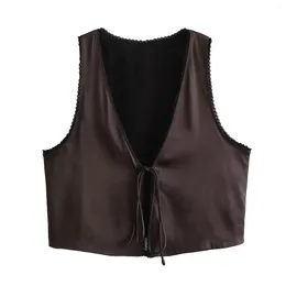 Gilet da donna Donna Satin Texture Gilet corto Vintage scollo a V Top senza maniche 2024 Autunno Moda Slim Fiocco Decorato Donna Corta