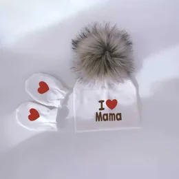 Bonés chapéus recém-nascidos bebê fotografia adereços gorro de algodão com pompom destacável chapéu gorro com luvas capas de pé eu amo mamal2402