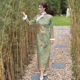 Grundlegende Freizeitkleider Wolltuch Frauen Drucken Chinesisches Kleid Volle Hülse Plus Samt S3XL Cheongsam Schlankes Langes Qipao Bankett Abendkleid Röcke 231115