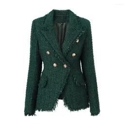 Damenanzüge Winter Dicker Stoff Woll Luxus Design Quaste Patckwork Vintage Dunkelgrün Tweed Frauen Schlanke Blazer Für 2023