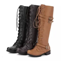 Boots Spring Autumn Women Long Lowheeled Retro Lace Up Round Lady Fashionr Keenhigh Shoe Cross Strap مع Buckle Botas 231116