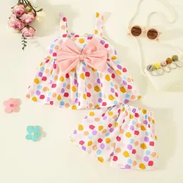 Vestidos de niña 2024 Conjunto de vestido para niñas con lunares y mariposas Correa de viaje para picnic de dos piezas