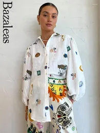 Damenblusen 2023 Bazaleas Store Cartoon-bedrucktes Hemd Graffiti-Bluse mit langen Laternenärmeln Offizielle Kleidung