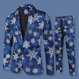 Abiti da uomo Blazer 2 pezzi Set Giacca da uomo Pantaloni Suit Cartoon Santa Fiocco di neve Stampa Pantaloni Set Anno Cappotto da festa 231116