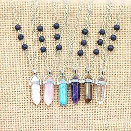 Pendant Necklaces Sier Color Natural Stone Hexagonal Prism Necklace Lava Volcanic Rock Aromatherapy Essential Oil Diffuser For Drop De Dhuxt