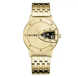 Wristwatches The Golden Steel Belt Unique Ideas Men Quartz Watch There Is No Pointer Rotating Turntable Stainless Dial
