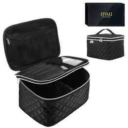 Double Layer Travel Makeup Bag Cosmetic Bag Organizer with Brush Compartment Black