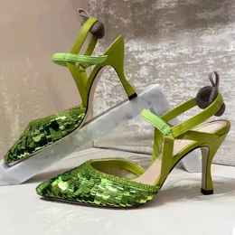 Yeşil Parıltılı Yüksek Topuk Kadın İşlemeli Slingbacks Sandalet Tasarımcı Ayakkabı Tokalı Saçlı Ayak parmağı Sarma Elbise Parti Moda Elbise Ayakkabı Tasarımcı Ayakkabı