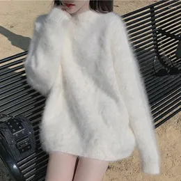 Suéteres femininos chique moda mulheres cashmere pulôveres brancos preguiçoso outono inverno macio quente grosso mohair malha solta suéter tops