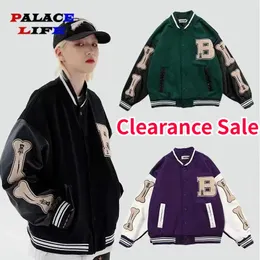 Herrjackor clearance försäljning hip hop baseball jacka män päls ben bokstäver lapptäcke varsity jackor street harajuku lösa bombplan rockar unisex 231116