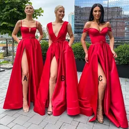 Sexy alta fenda vermelho vestidos de dama de honra gola quadrada cinta de espaguete bolso uma linha vestido de baile feminino longos vestidos de noite