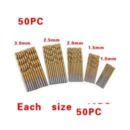 Borrbitar 50st/Set Twist Drill Bit Saw Saw HSS High Steel Titanium Coated Woodworking Wood Tool 1/1,5/2/2.5/M för Drop Delivery Home DHPB6