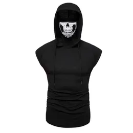 Casual Cotton Slim Breattable Turtleneck Hooded Face Men ärmlös t -shirt