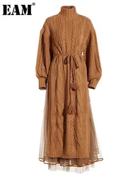 Базовые повседневные платья EAM, женское верблюжьее платье с повязкой на подоле и разрезом, длинное вязаное платье с воротником и рукавами, мода весна-осень 2023 1DF3800 231116