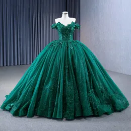 Verde esmeralda lantejoulas apliques quinceanera vestido de baile fora do ombro flor miçangas espartilho vestidos de quinceanera