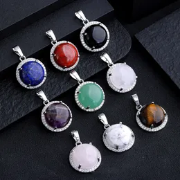 Round Zircon Natural Stone Pendant for Women Rose Quartz Amethyst Tiger Eye Charms för smycken Making Halsband Partihandel