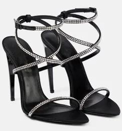 Lyxmärke 2023 Jerry Women Sandals Shoes Crystal-embelled Black Satin Buckles Strap High Heels Black Lady Sandalias Party Wedding Dress EU35-43