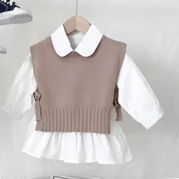 Conjuntos de roupas 2023 primavera outono bebê meninas doce doce cor tricô camisola colete camisas crianças blusa coreana outfits 231116