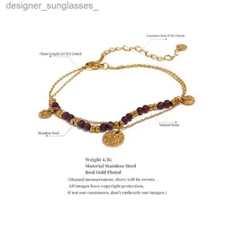 Anklets Yhpup Stainless Steel Layered Summer Anklet 2023 Chic Stylish Jewelry Fashion Natural Garnet Stone Beads Handmade Chain WomenL231115