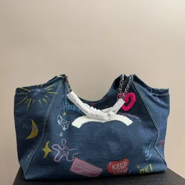 럭셔리 낙서 데님 대용량 디자이너 토트 가방 프랑스 브랜드 패션 여성 어깨 가방 핸드백 고품질 더블 레터 플러스 쇼핑 가방 겨드랑 가방