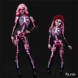 Cosplay Sexy Esqueleto Diabo Onesie Halloween Collants Adulto Mulher Assustador Fantasma Traje Rosa Bebê Crianças Menina Rave Festa Dia da Morte Macacão 231115